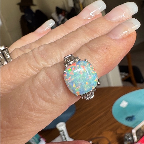 Sterling Silver Lab Opal & White Sapphire Cocktail Ring – Size 6 - Picture 5 of 8